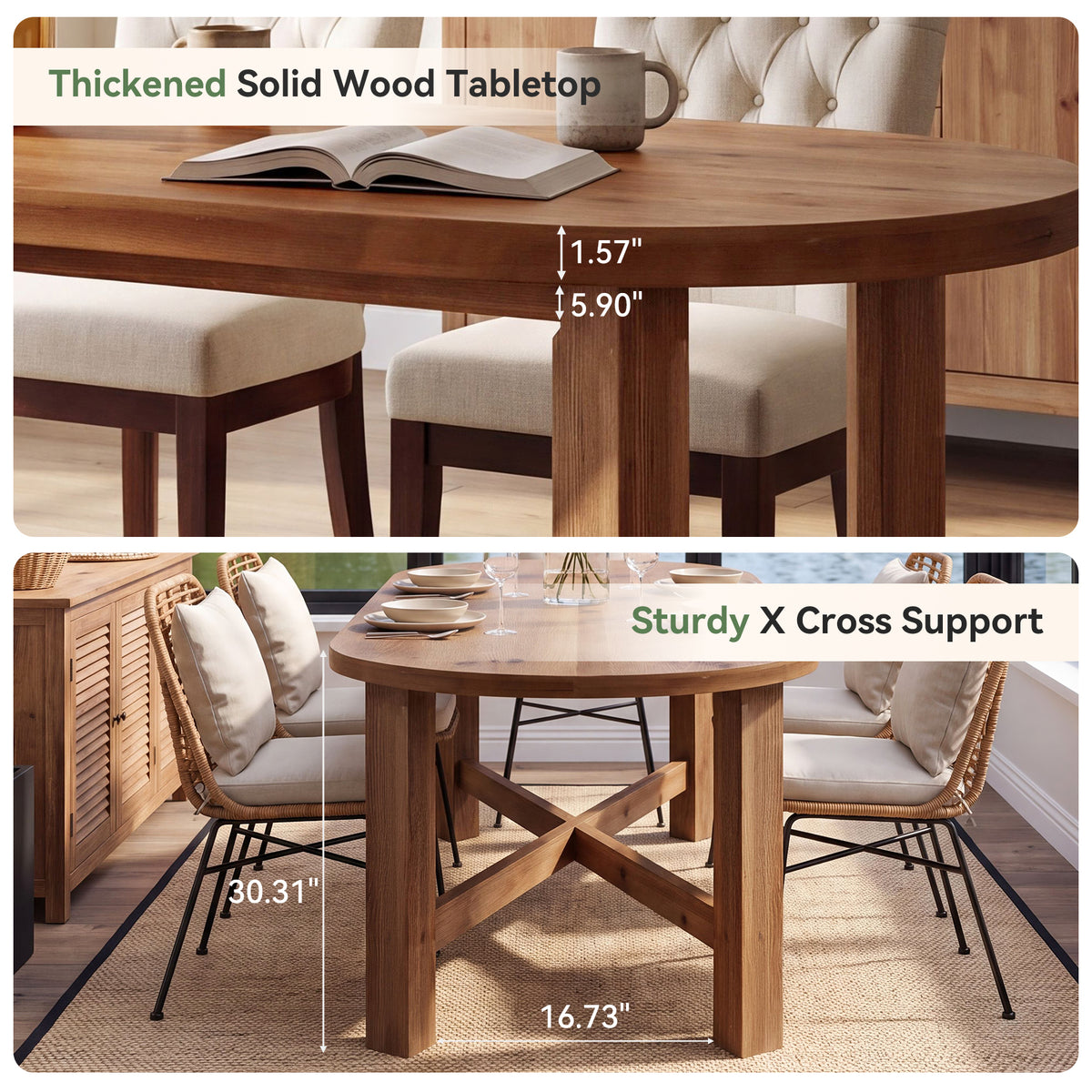 70.7" Solid Wood Oval Dining Table for 4-6, Farmhouse Kitchen Table with Cross Support