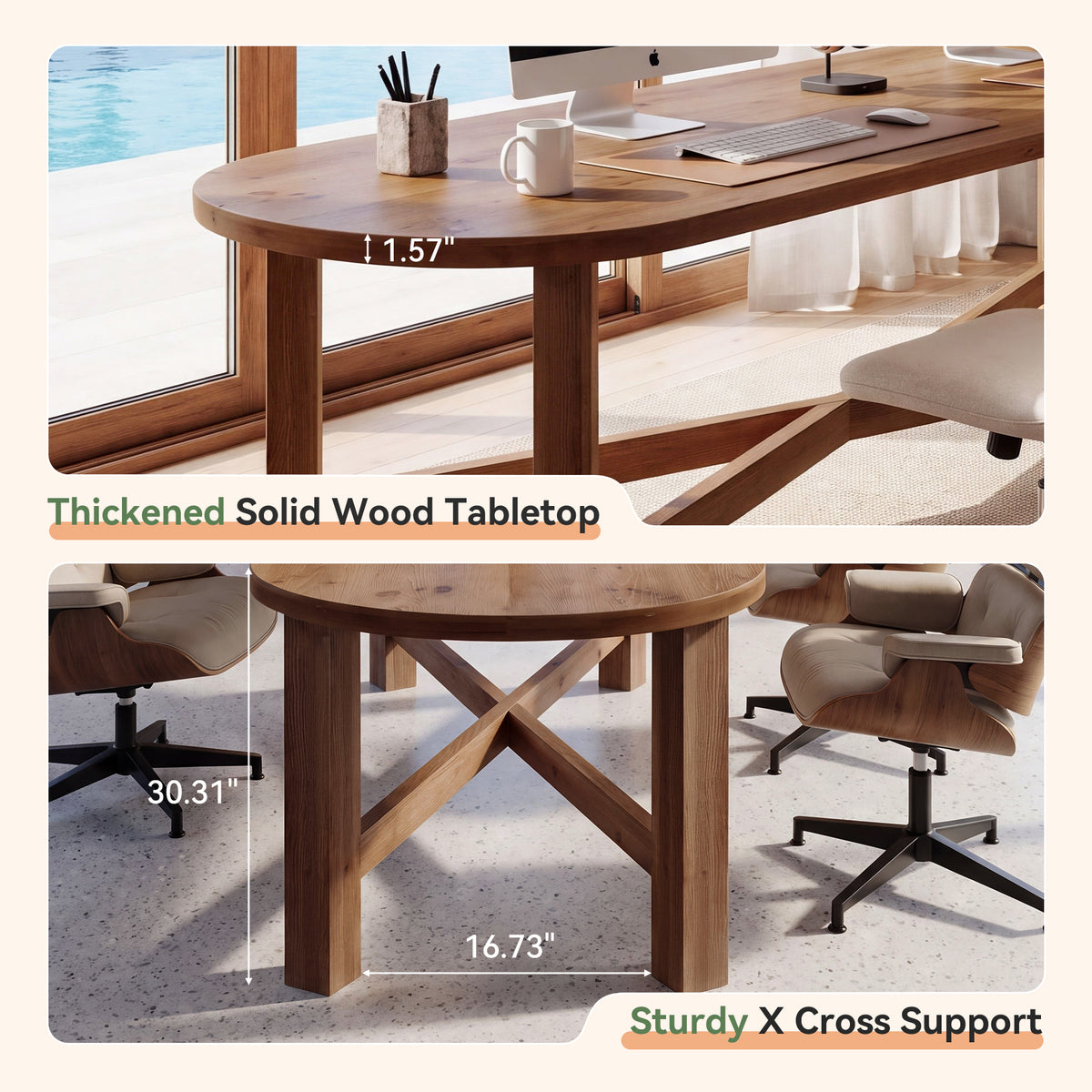 70.7" Solid Wood Computer Desk, Farmhouse 2-Person Desk with Oval Tabletop for Home Office