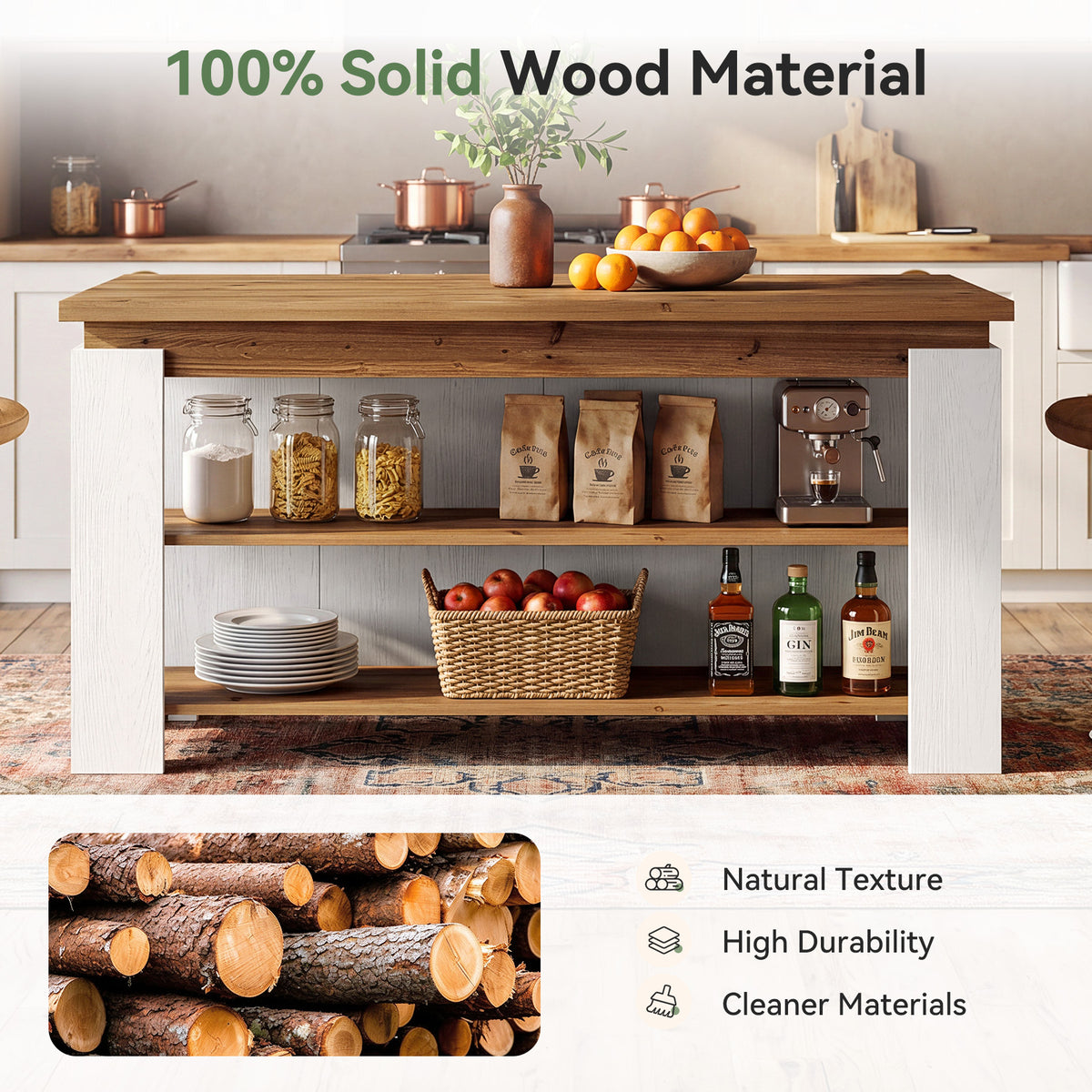 63" Solid Wood Kitchen Island with 3-Tier Storage Shelves, Kitchen Work Table