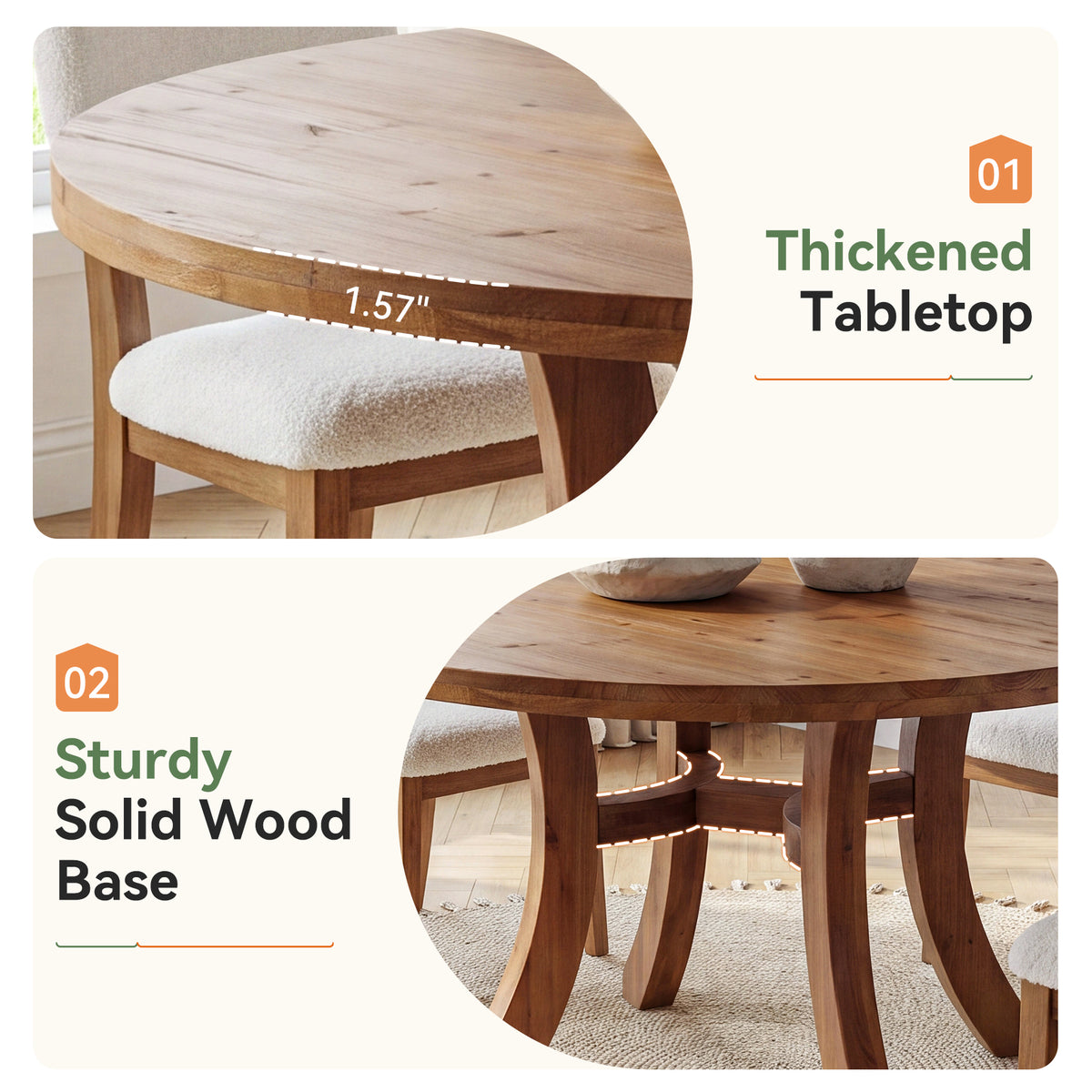 47" Round Farmhouse Solid Wood Dining Table for 4-6 with Curved Legs