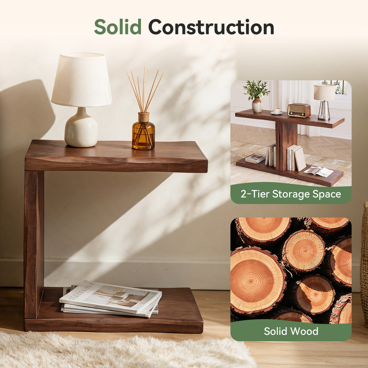 C-Shaped Solid Wood End Table with Live Edge, Sofa Side Table with 2-Tier Storage