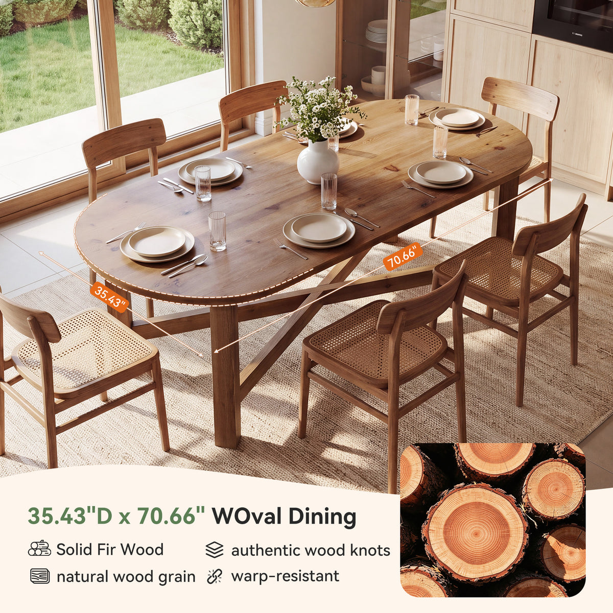70.7" Solid Wood Oval Dining Table for 4-6, Farmhouse Kitchen Table with Cross Support