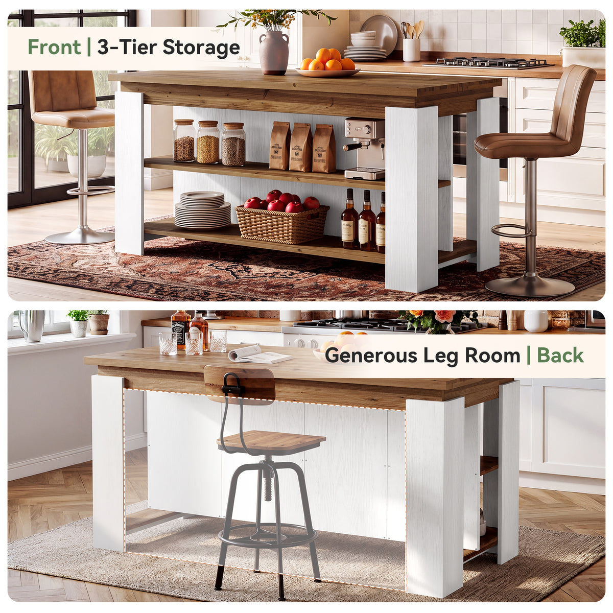 63" Solid Wood Kitchen Island with 3-Tier Storage Shelves, Kitchen Work Table