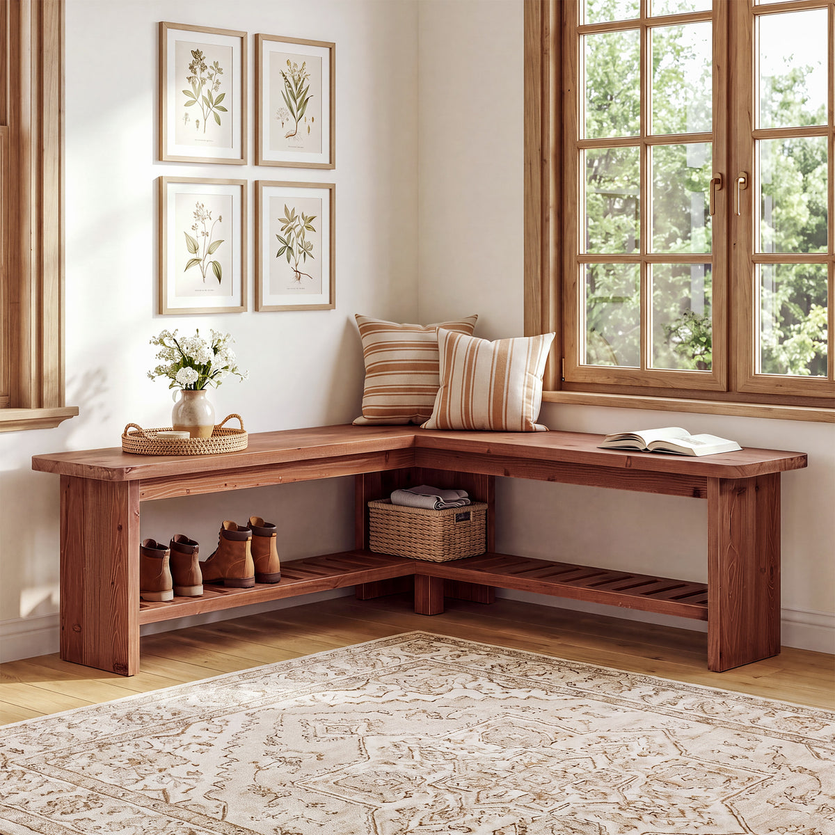 47" L-Shaped Breakfast Nook Bench, Solid Wood Corner Dining Bench with Storage Shelf
