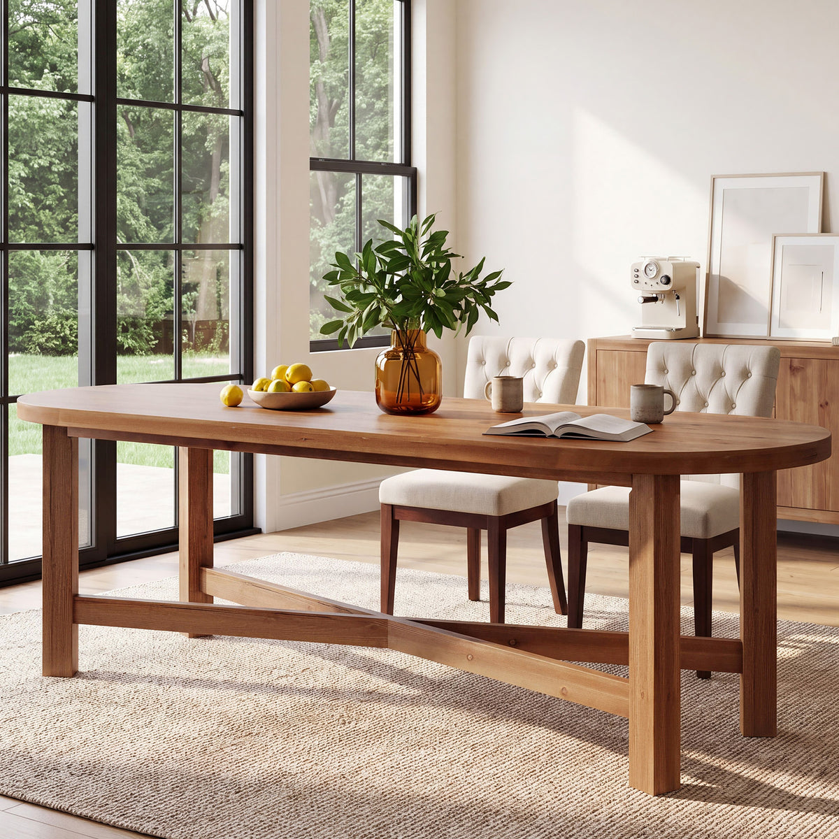 70.7" Solid Wood Oval Dining Table for 4-6, Farmhouse Kitchen Table with Cross Support