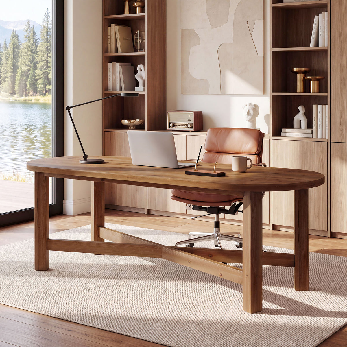 70.7" Solid Wood Computer Desk, Farmhouse 2-Person Desk with Oval Tabletop for Home Office