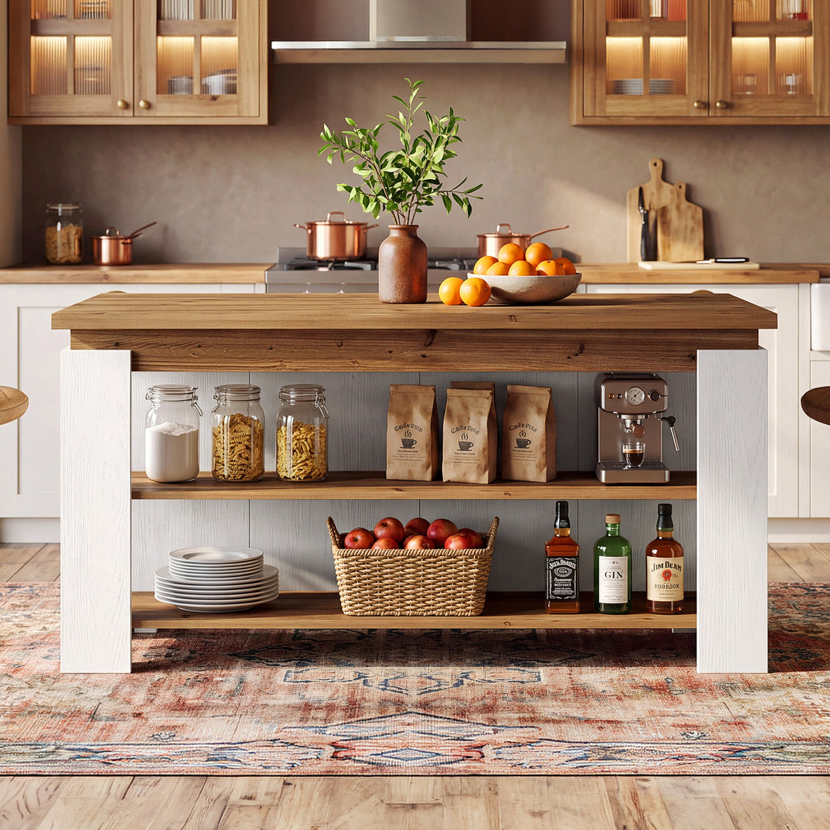 63" Solid Wood Kitchen Island with 3-Tier Storage Shelves, Kitchen Work Table
