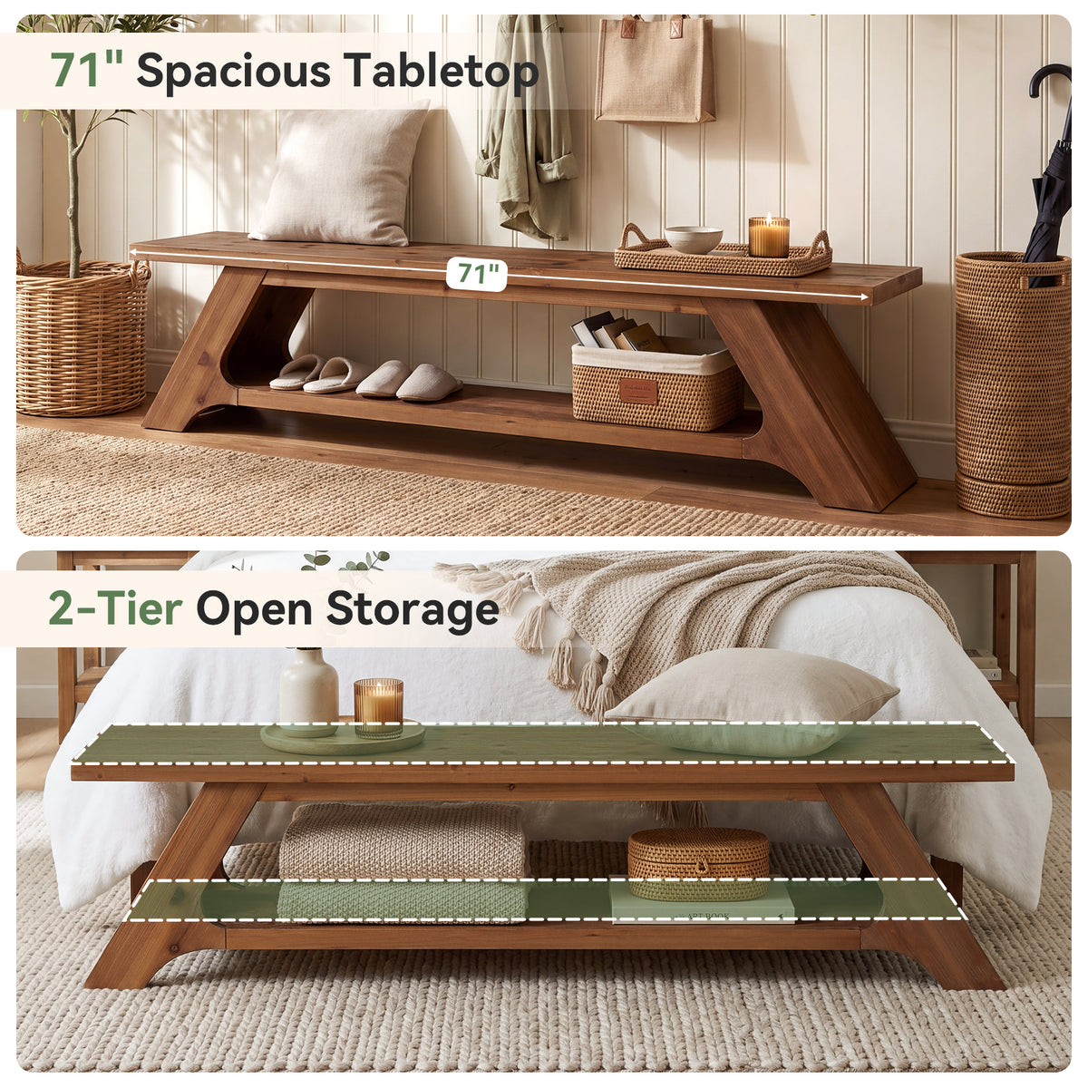 71" Solid Wood Entryway Bench, Farmhouse Shoe Bench with 2-Tier Shelf  for Hallway