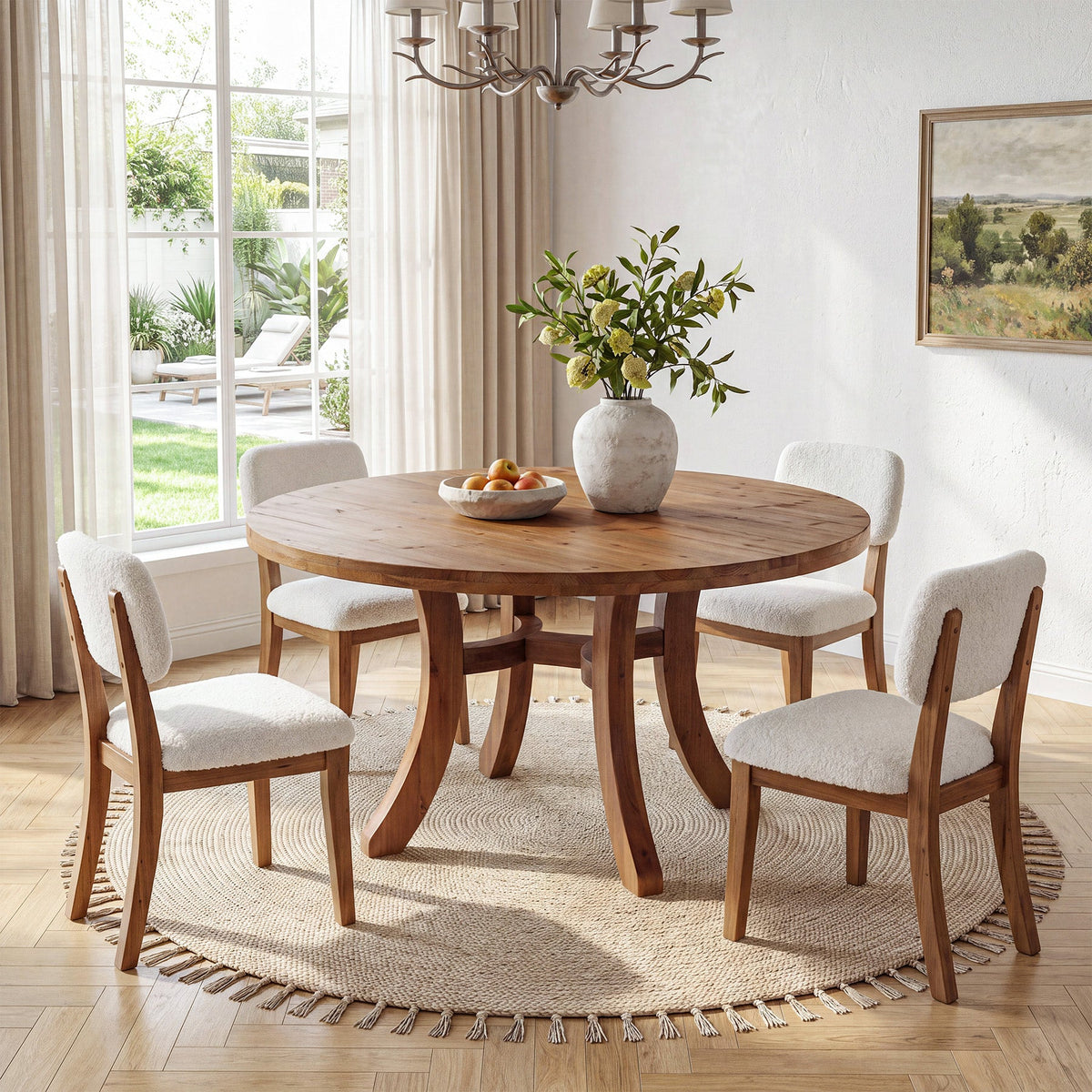 47" Round Farmhouse Solid Wood Dining Table for 4-6 with Curved Legs