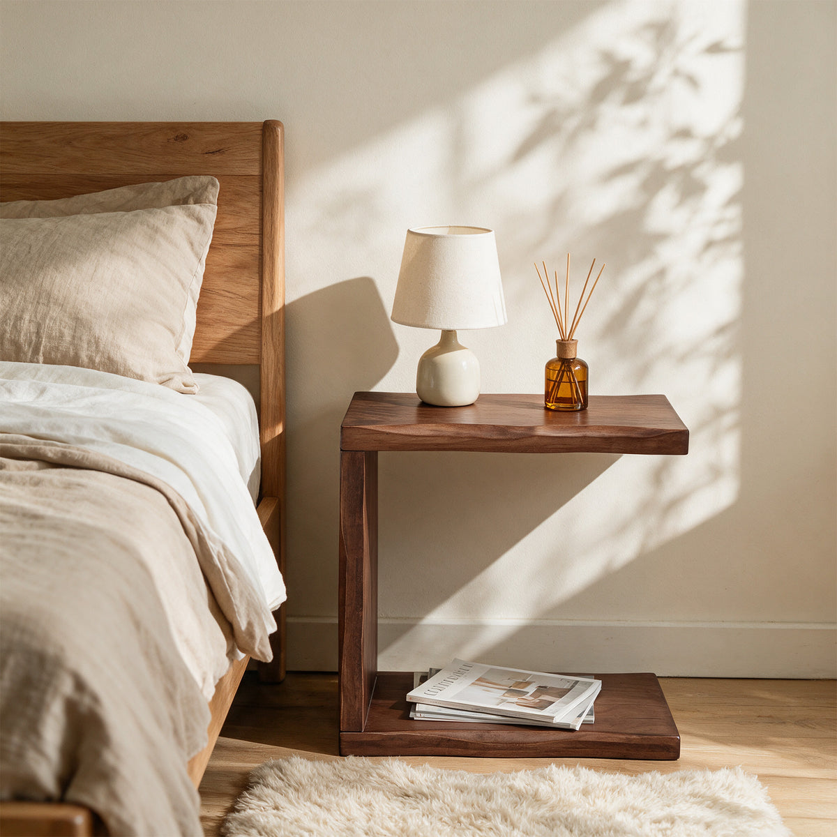 C-Shaped Solid Wood End Table with Live Edge, Sofa Side Table with 2-Tier Storage