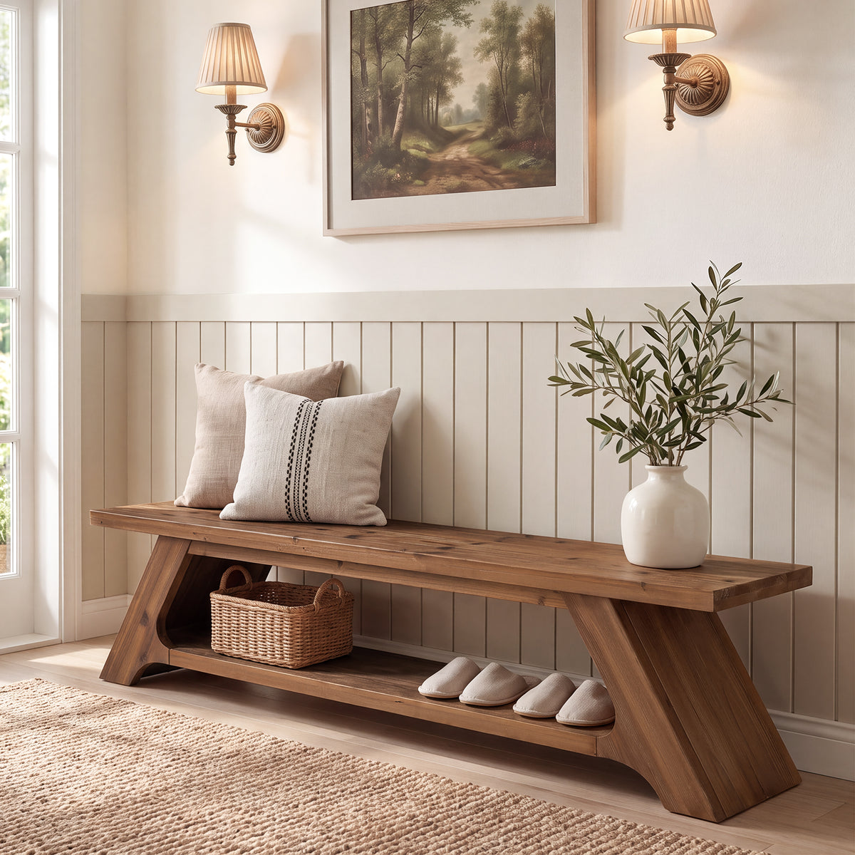 71" Solid Wood Entryway Bench, Farmhouse Shoe Bench with 2-Tier Shelf  for Hallway