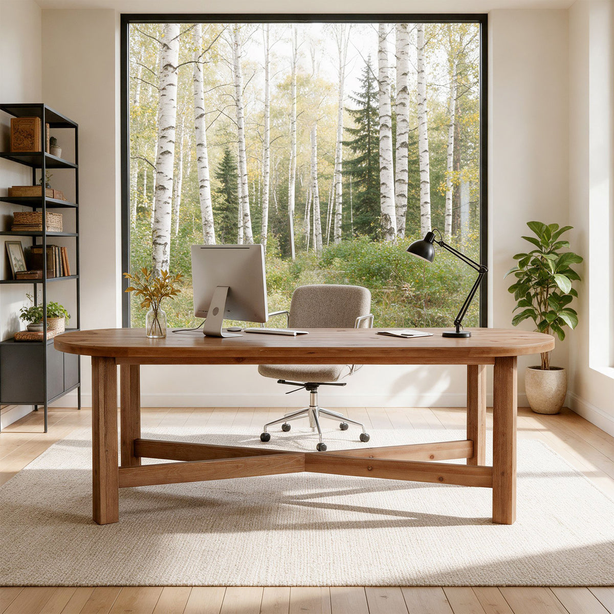 70.7" Solid Wood Computer Desk, Farmhouse 2-Person Desk with Oval Tabletop for Home Office