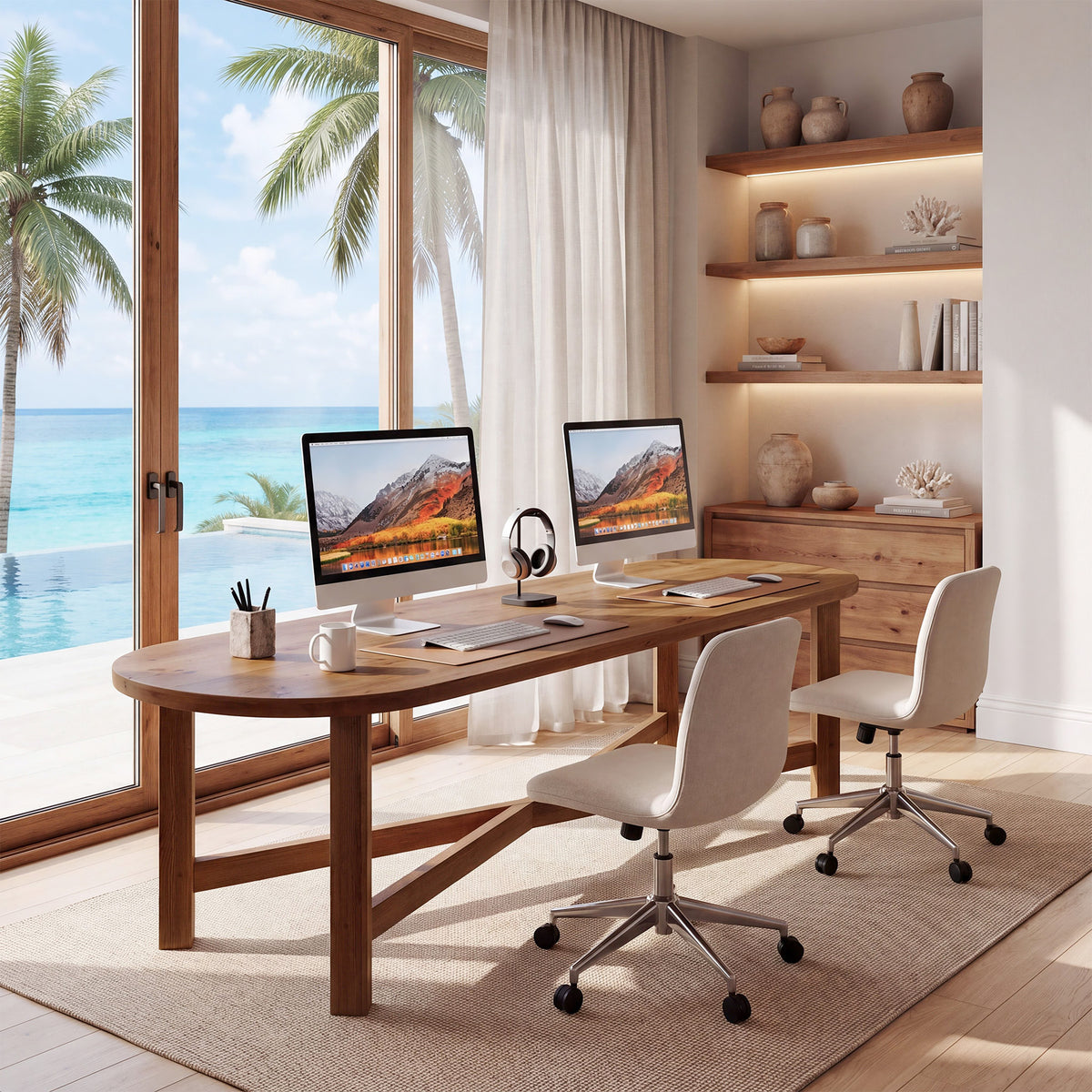 70.7" Solid Wood Computer Desk, Farmhouse 2-Person Desk with Oval Tabletop for Home Office