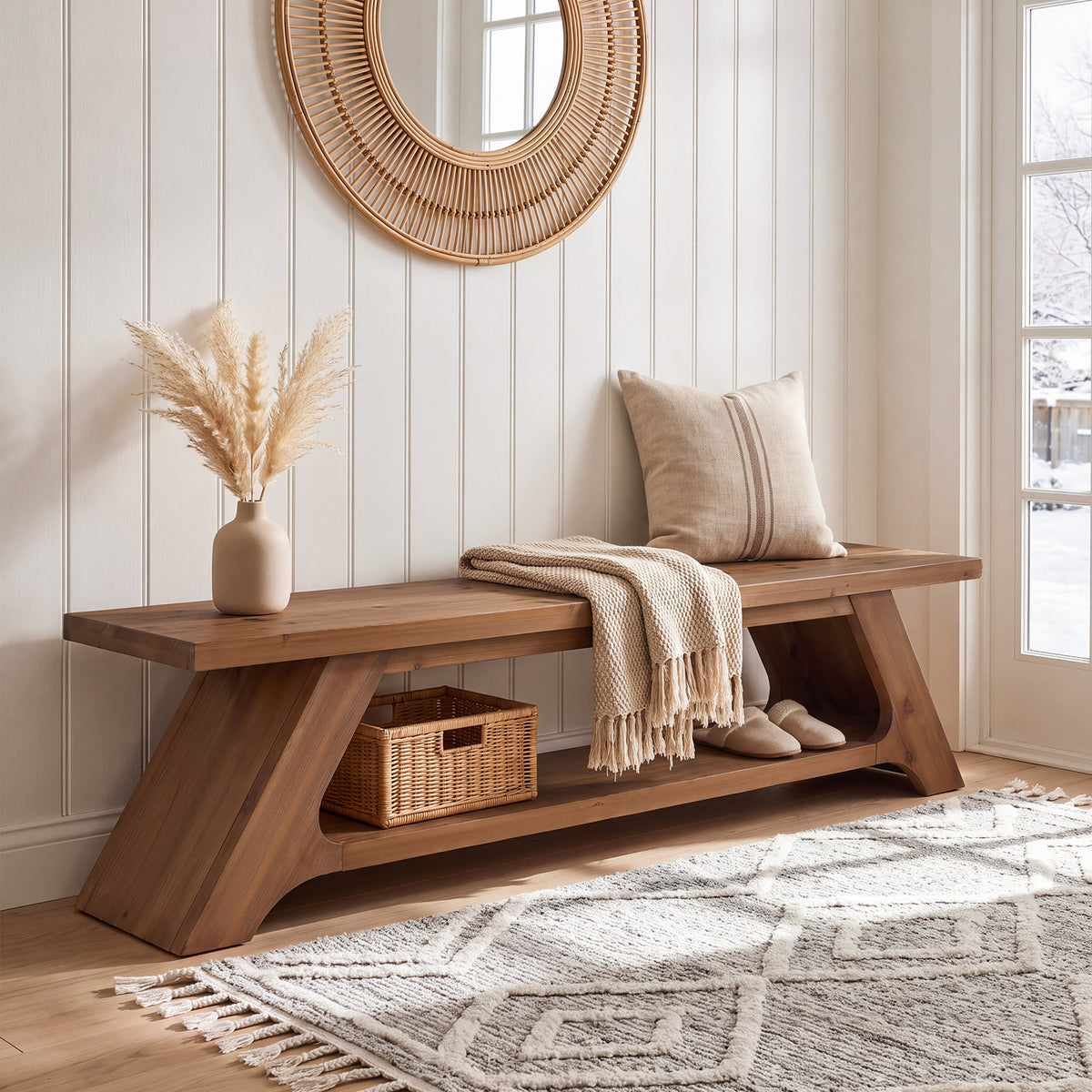 71" Solid Wood Entryway Bench, Farmhouse Shoe Bench with 2-Tier Shelf  for Hallway