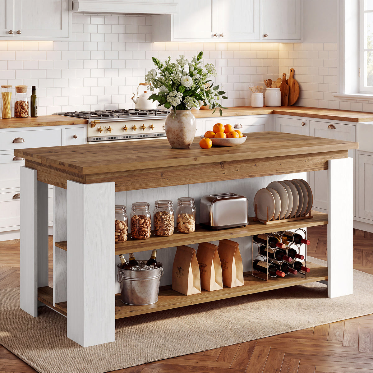 63" Solid Wood Kitchen Island with 3-Tier Storage Shelves, Kitchen Work Table
