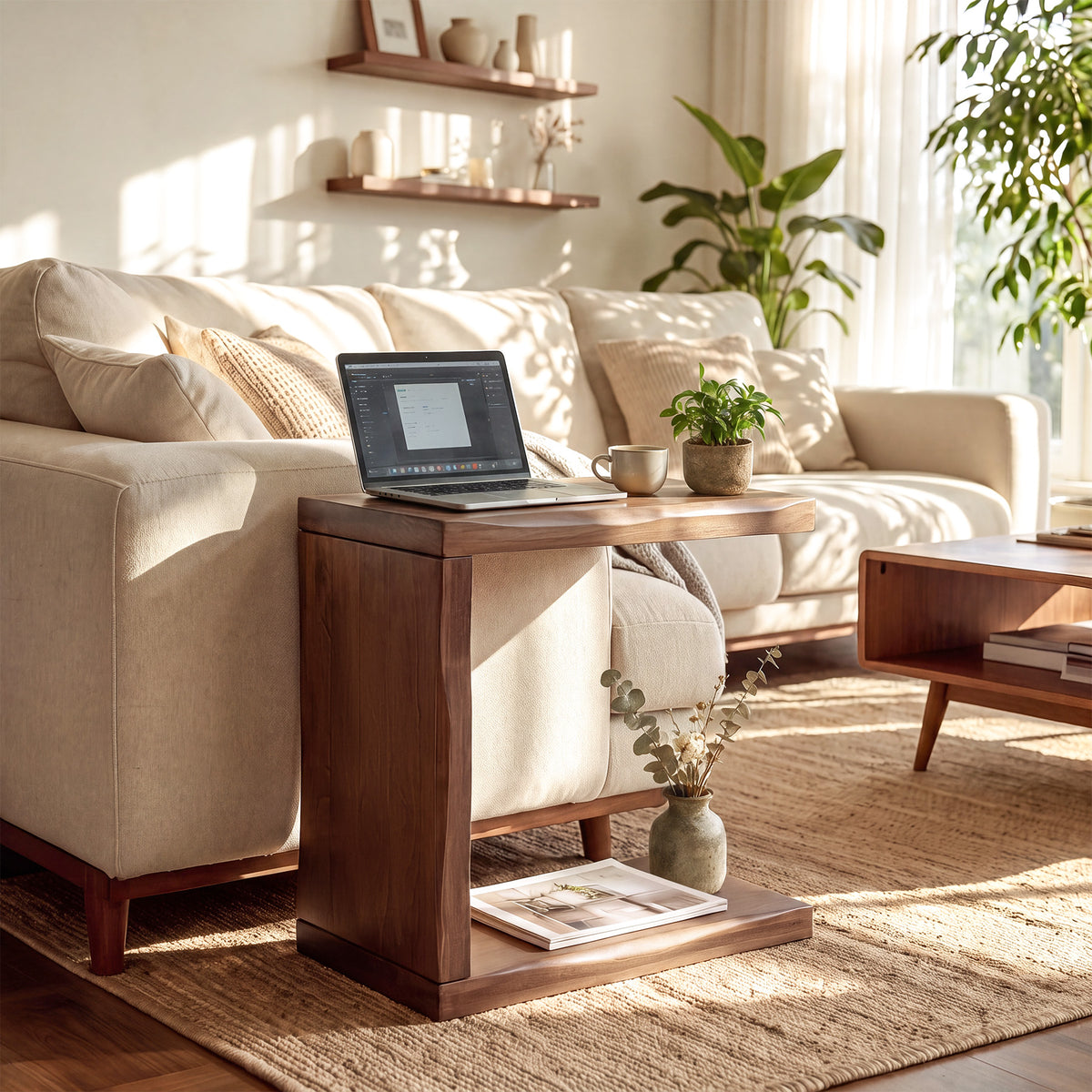 C-Shaped Solid Wood End Table with Live Edge, Sofa Side Table with 2-Tier Storage