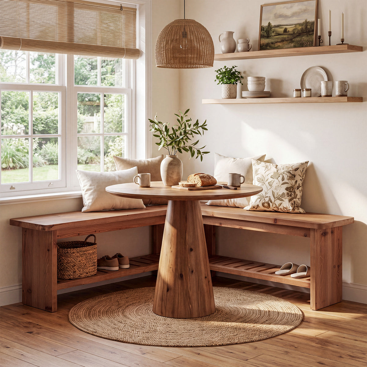 47" L-Shaped Breakfast Nook Bench, Solid Wood Corner Dining Bench with Storage Shelf