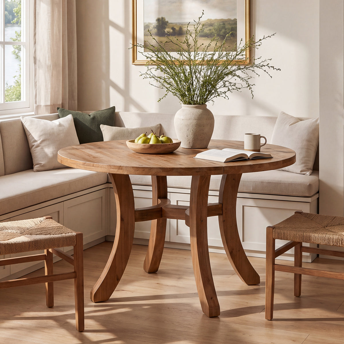 47" Round Farmhouse Solid Wood Dining Table for 4-6 with Curved Legs