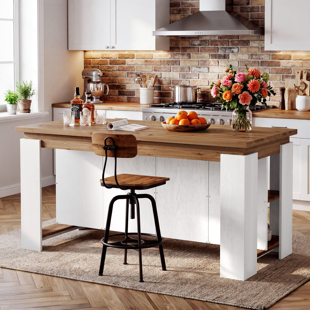 63" Solid Wood Kitchen Island with 3-Tier Storage Shelves, Kitchen Work Table