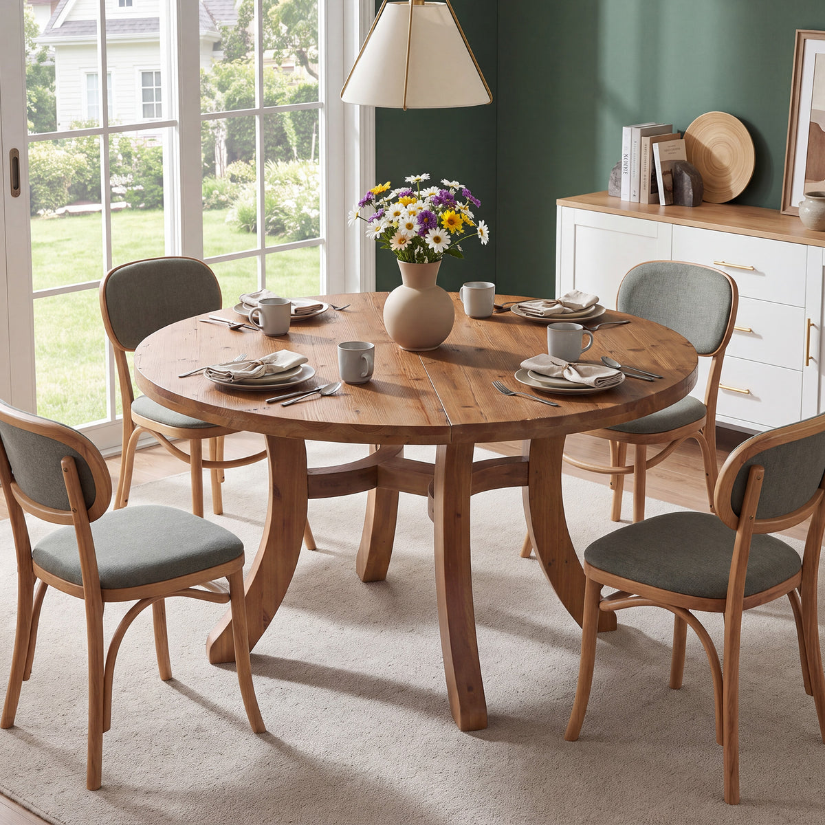 47" Round Farmhouse Solid Wood Dining Table for 4-6 with Curved Legs