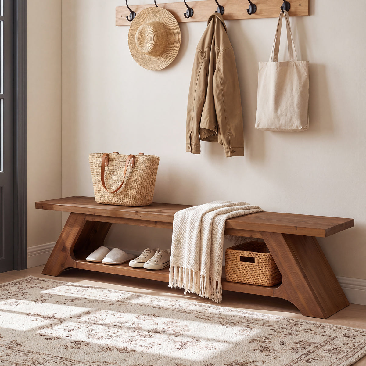 71" Solid Wood Entryway Bench, Farmhouse Shoe Bench with 2-Tier Shelf  for Hallway