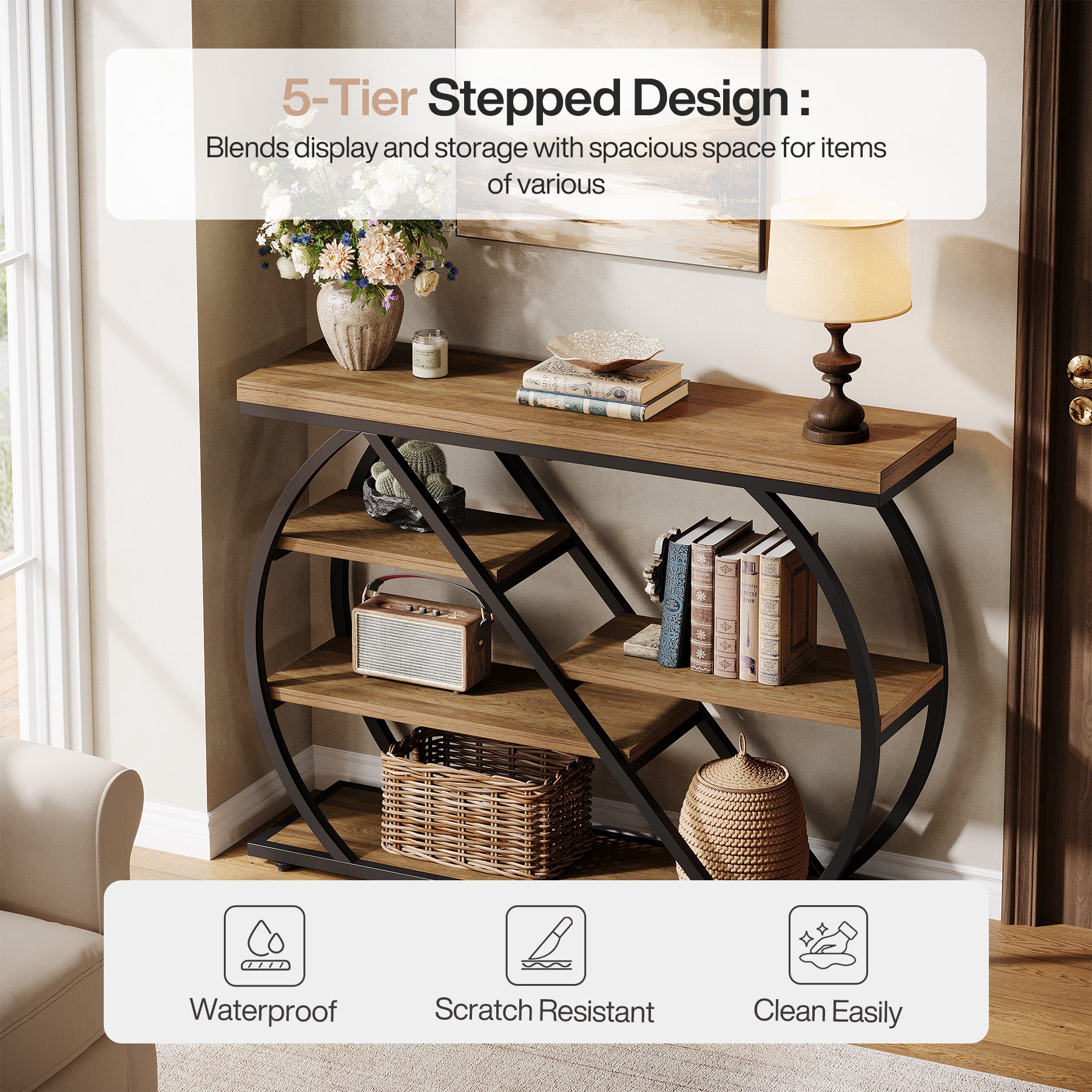 41.3" Industrial Console Table with 5 Staggered Shelves, Arched Metal Frame Entryway & Sofa Table