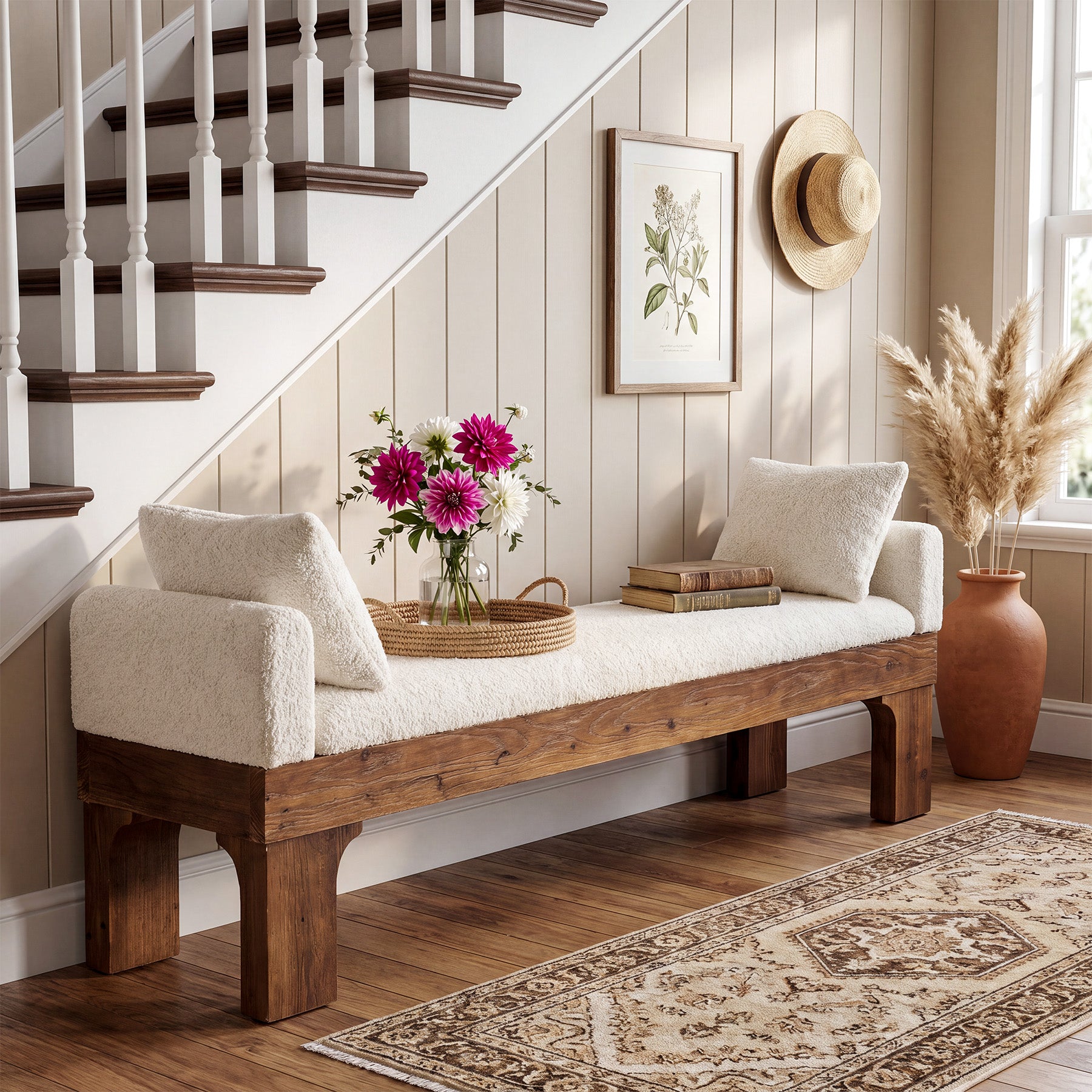 63" Upholstered End of Bed Bench, Boucle Bedroom Bench King Size with Solid Wood Frame