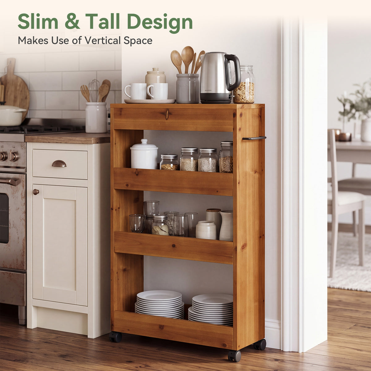 Solid Wood Kitchen Cart, Rolling Kitchen Trolley with 4-Tier Storage for Small Spaces