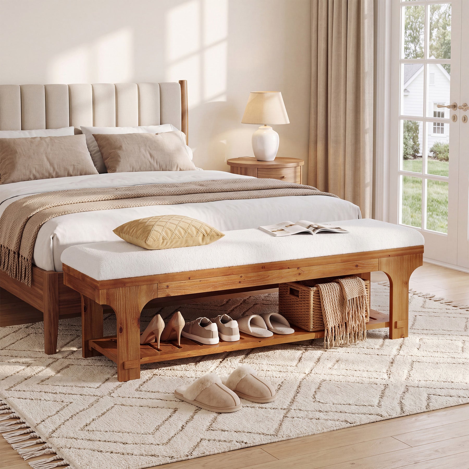 59" End of Bed Bench with Boucle Cushion & Storage Shelf, Rustic Solid Wood, Bedroom Hallway