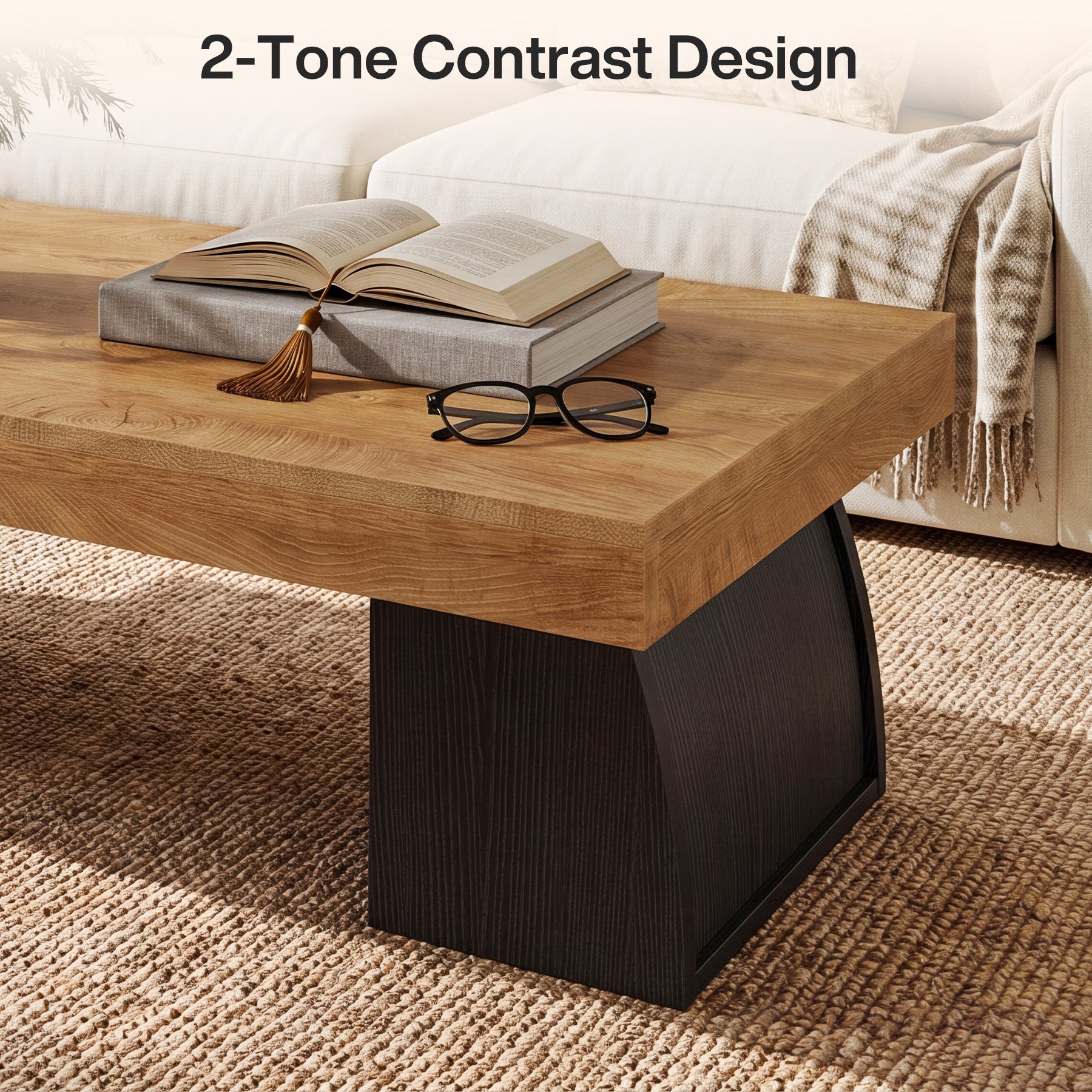 55.1" Coffee Table, Rectangular Center Cocktail Table with Curved Base for Living Room