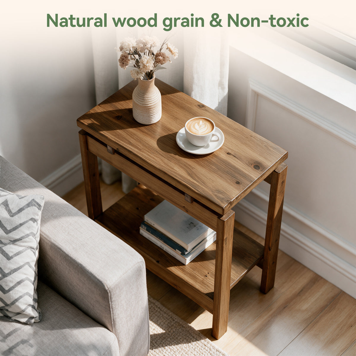 24" Narrow Solid Wood 2-Tier End Table, Small Nightstand Bedside Table, Bedroom