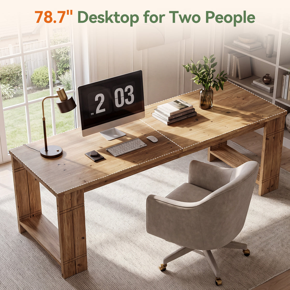 Solid Wood 2-Person Desk, 78.7" Extra-Long Computer Desk for Home Office