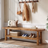 55" Shoe Bench, Solid Wood Entryway Bench End of Bed Stool with Lower Shelf 3