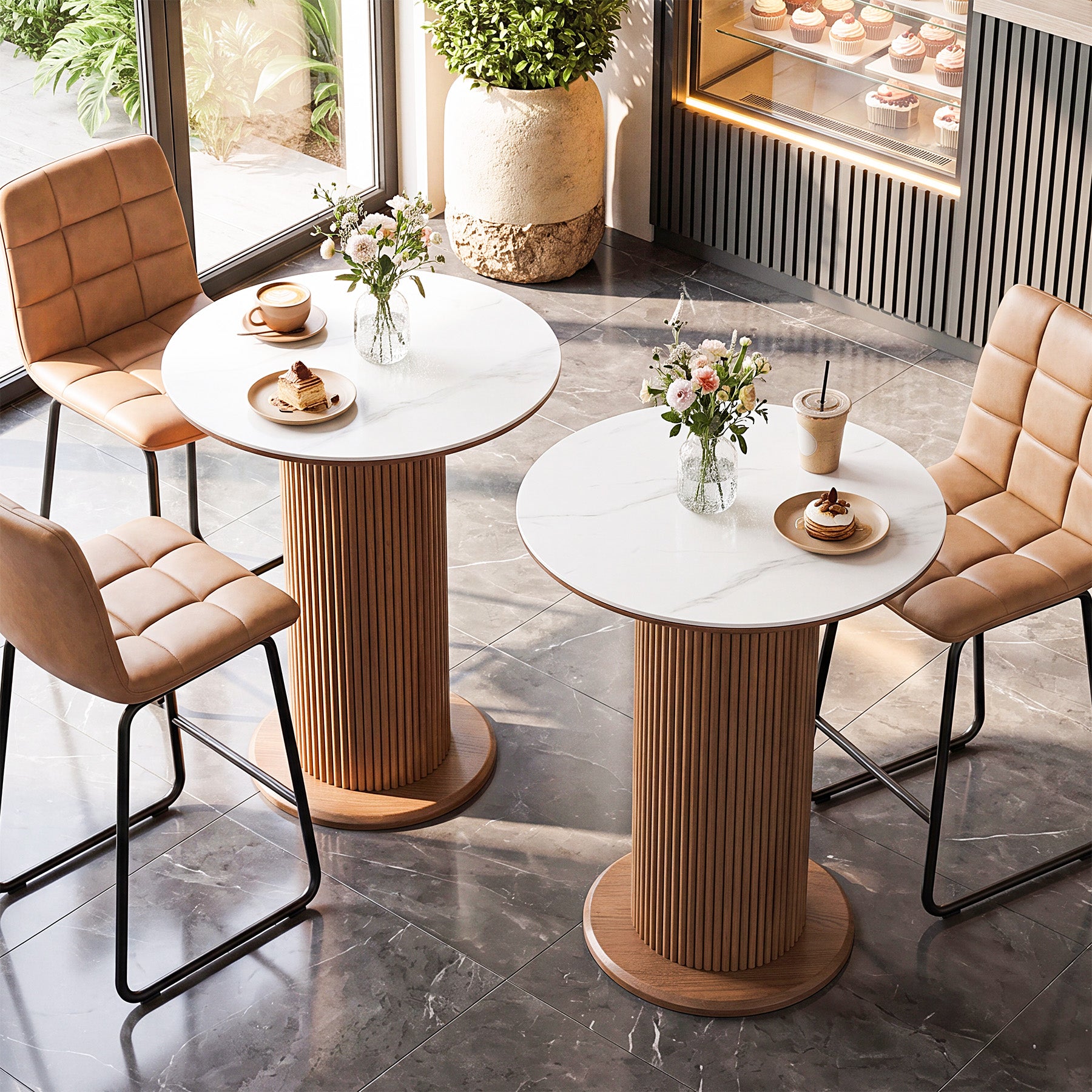 31.5" Round Sintered Stone Dining Table with Solid Wood Pedestal Base