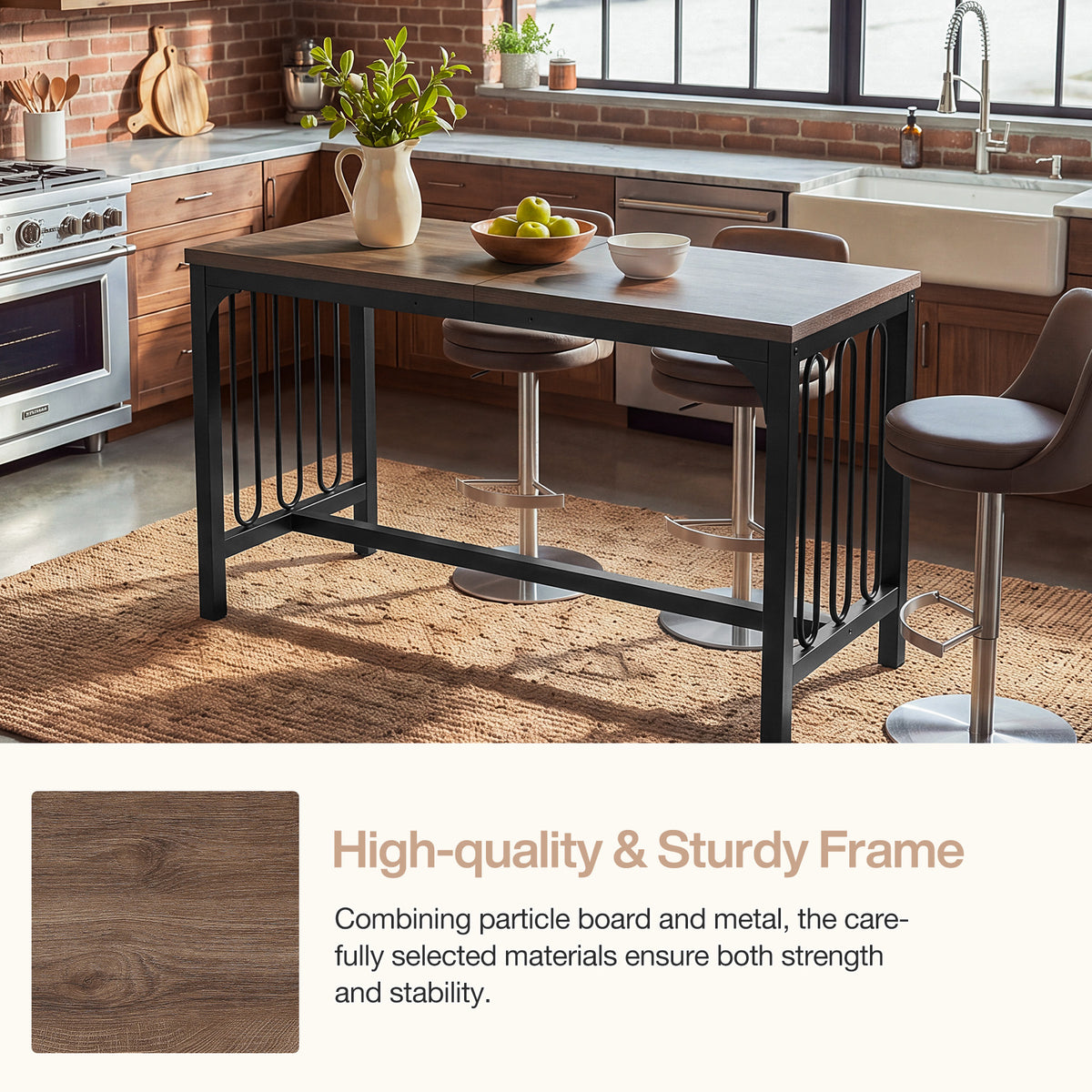 63" Bar Table, Industrial Counter-Height Pub Table with Metal Frame for Home Bar