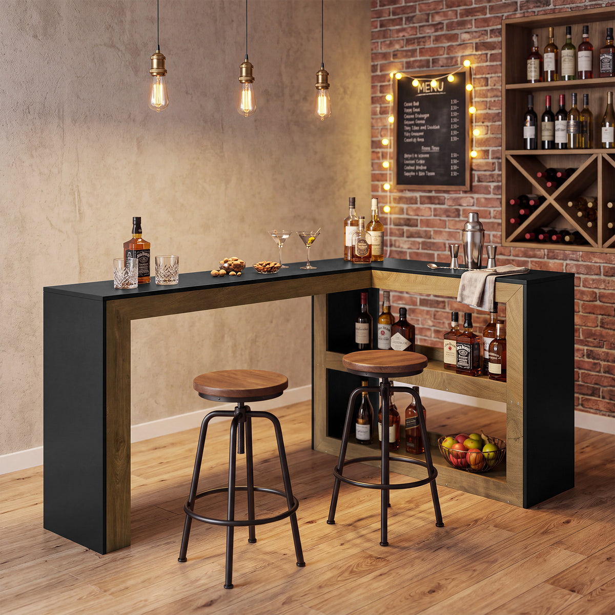 L-Shaped Bar Table, Modern Counter-Height Table with Storage Shelves for kitchen