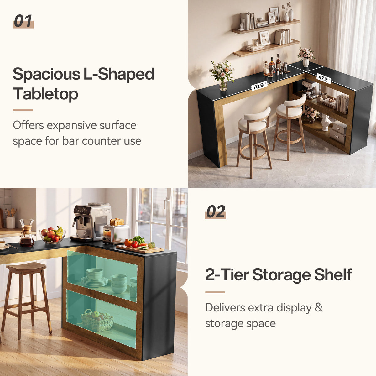 L-Shaped Bar Table, Modern Counter-Height Table with Storage Shelves for kitchen