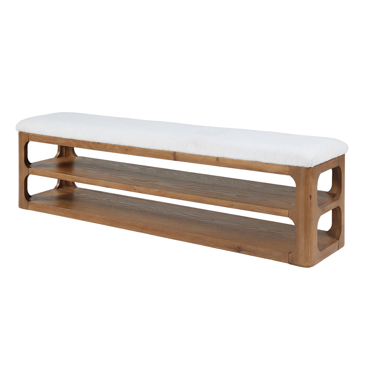 63" Solid Wood Bench with Cushion, Upholstered Entryway Shoe Bench with 3-Tier Storage