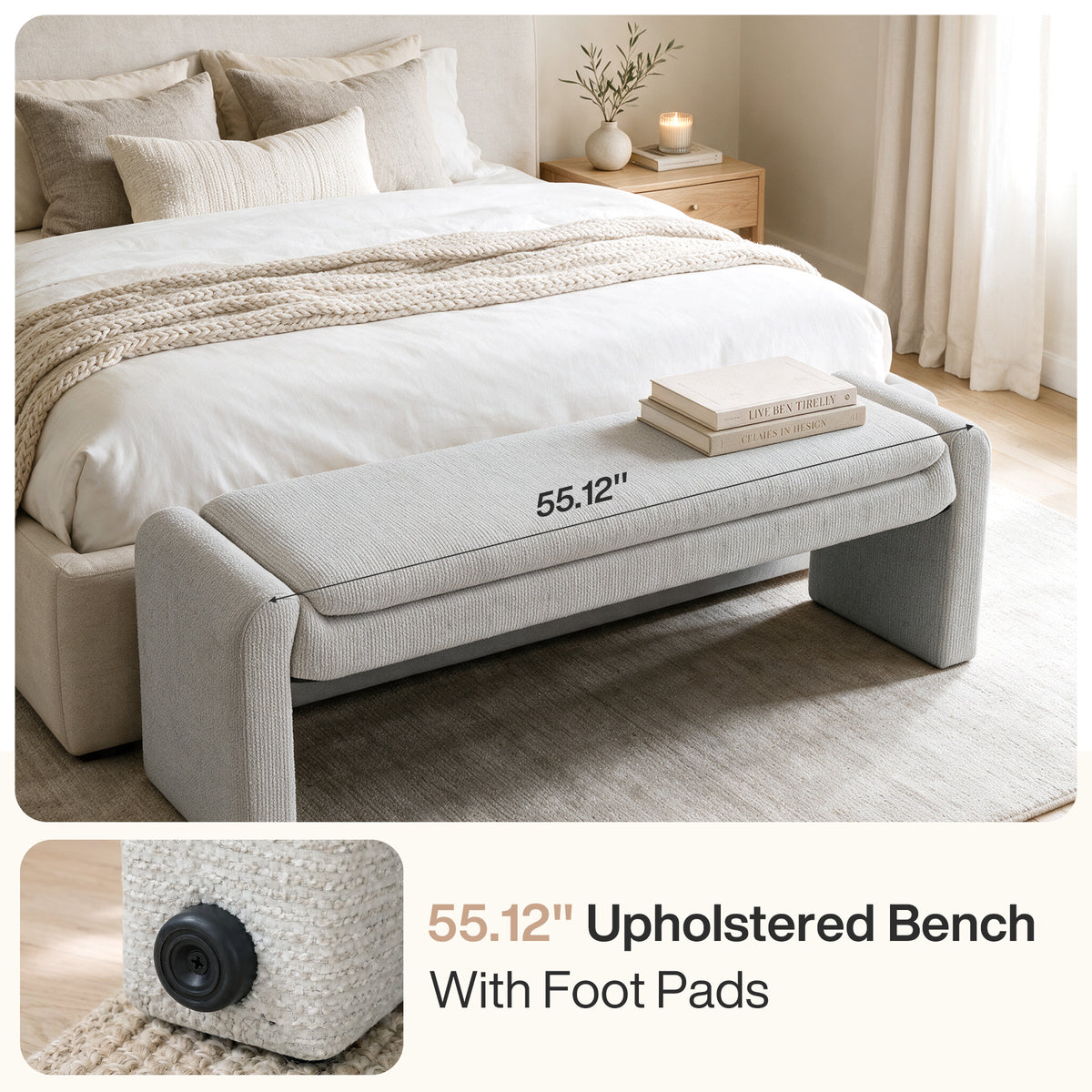 55" Entryway Bench with Chenille Fabric Cushion, Upholstered  End of Bed Bench for 2-3