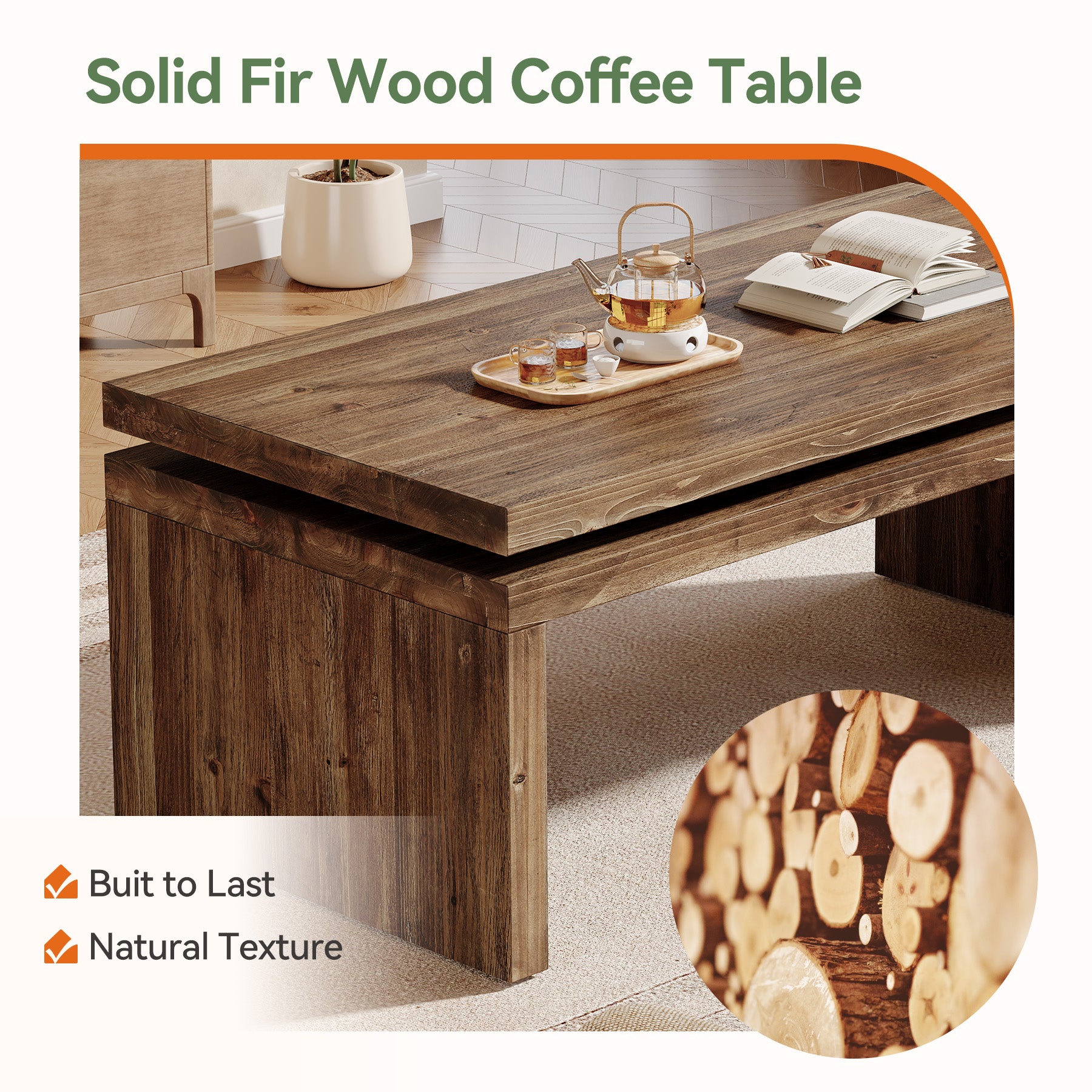 47" Solid Wood Coffee Table, Farmhouse Rectangle Cocktail Table with Thick Tabletop for Living Room