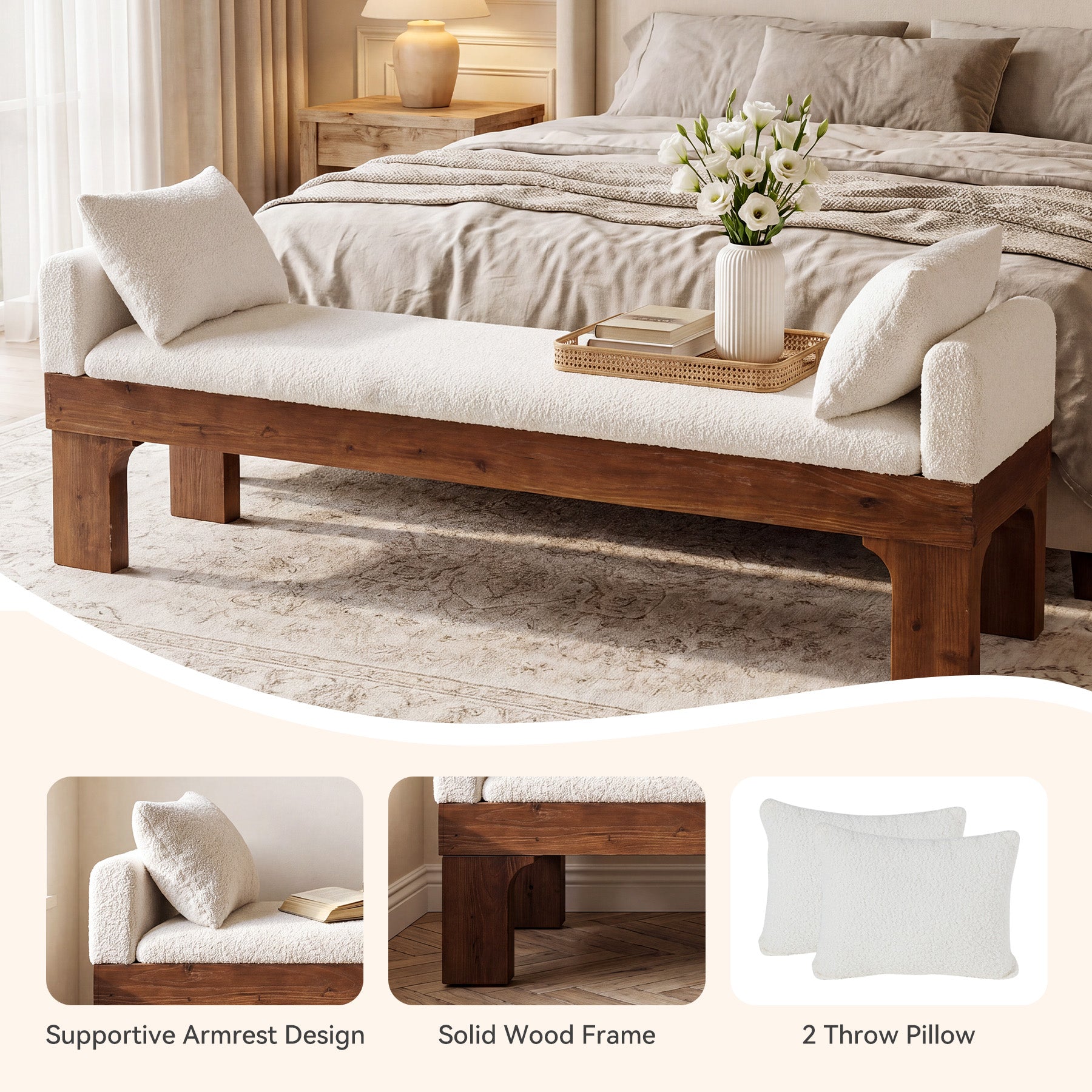 63" Upholstered End of Bed Bench, Boucle Bedroom Bench King Size with Solid Wood Frame