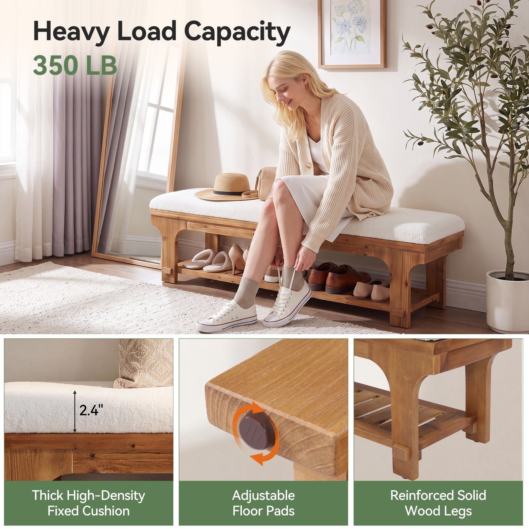 59" Entryway Bench with Boucle Cushion, Slatted Storage Shelf, Rustic Solid Wood, Hallway
