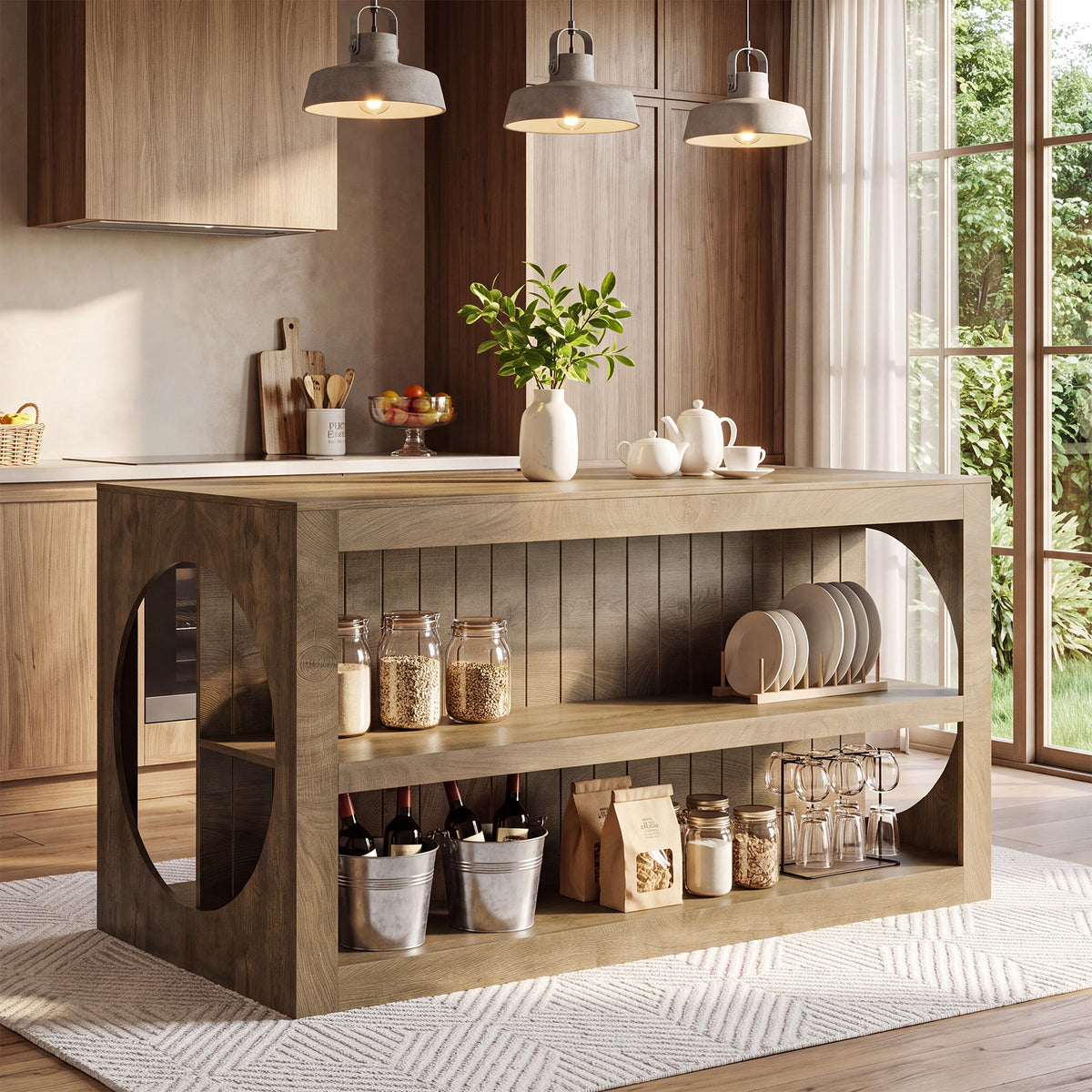 63" Farmhouse Kitchen Island with Seating, 3-Tier Storage, Large Countertop, Dining Room Table