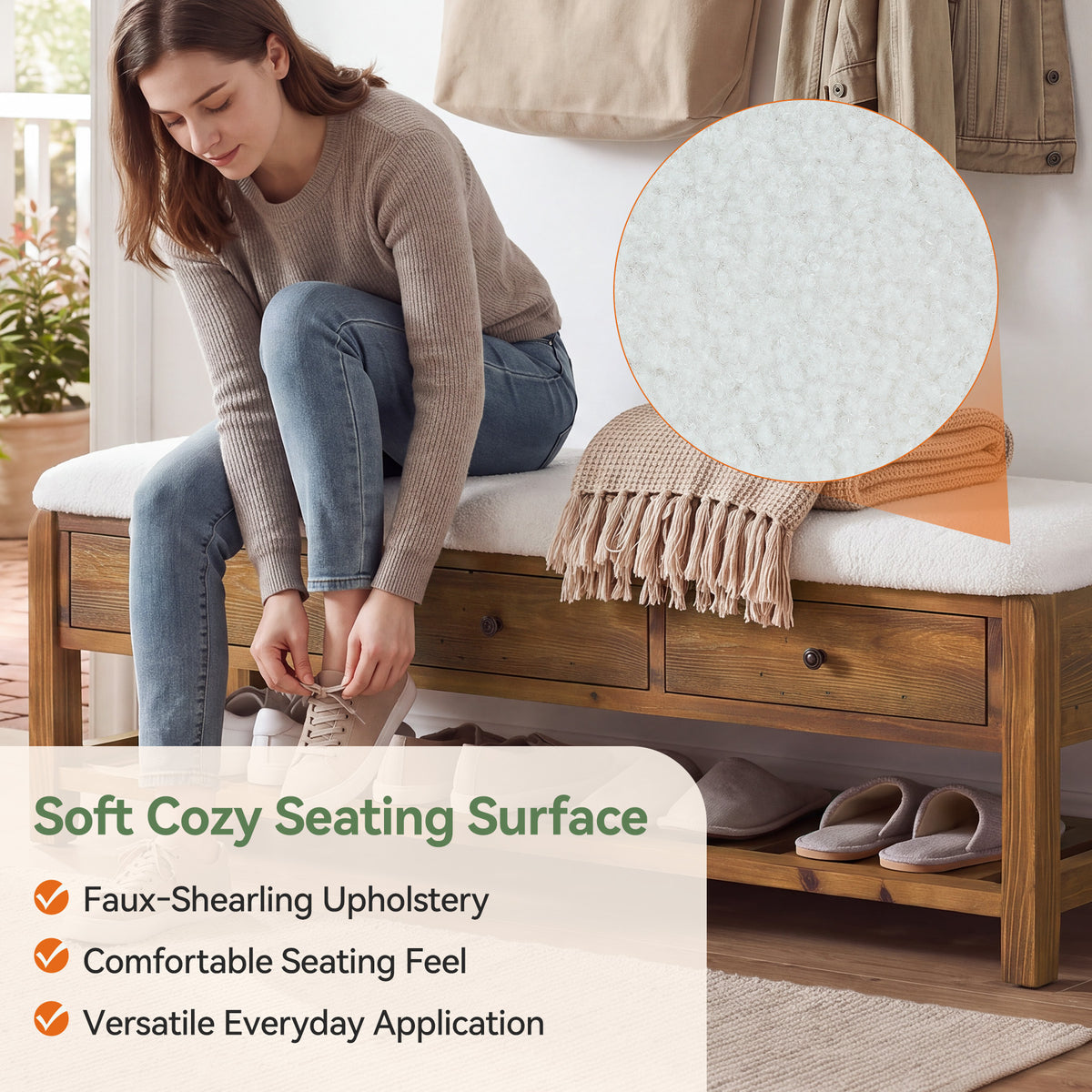 55" Solid Wood Entryway Bench with Cushion, 3 Drawers & Slatted Lower Shelf for Bedroom, Hallway