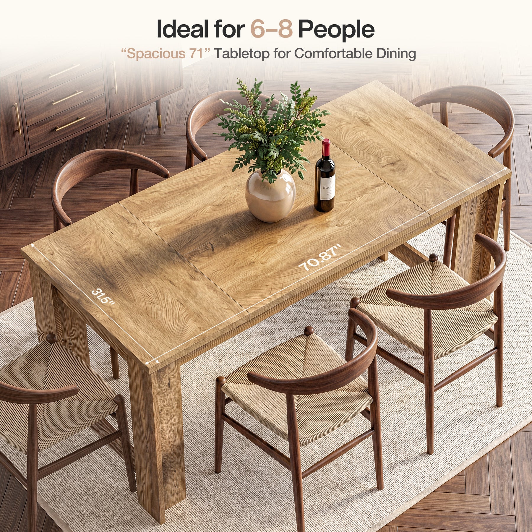 70.8" Dining Table for 6–8, Farmhouse Kitchen Table with Panel Legs for Dining Room