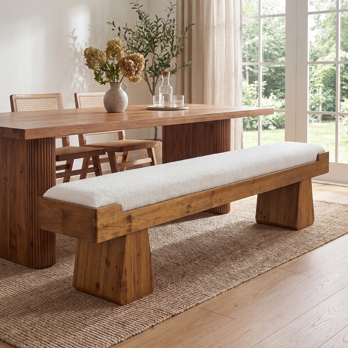 55" Upholstered Dining Bench, Solid Wood Kitchen Bench with Cushion