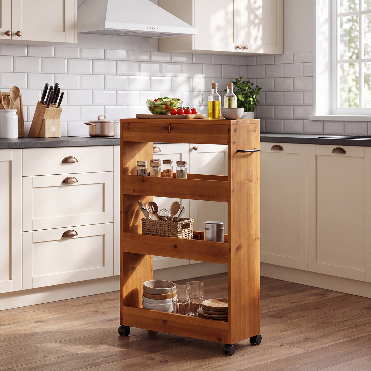 Solid Wood Kitchen Cart, Rolling Kitchen Trolley with 4-Tier Storage for Small Spaces