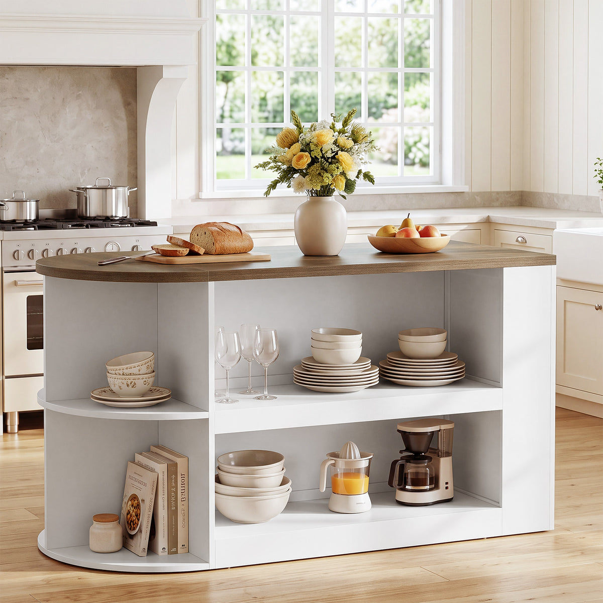 63" Oval Kitchen Island with Storage, Two-Tone Arch Design Bar Table, Prep Table