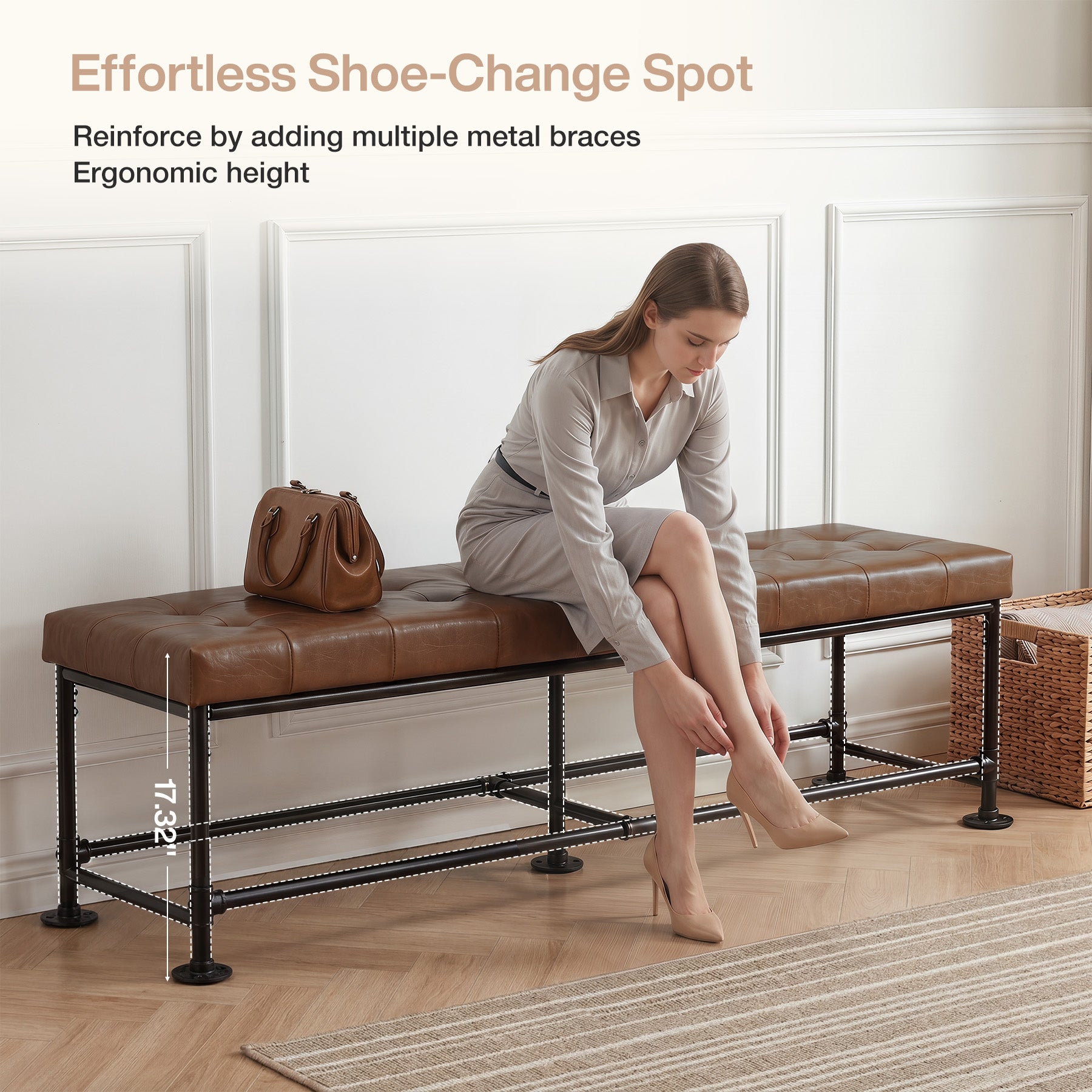 63" Upholstered Entryway Bench with Faux Leather Cushion, Industrial Shoe Bench for Hallway, Foyer & Living Room