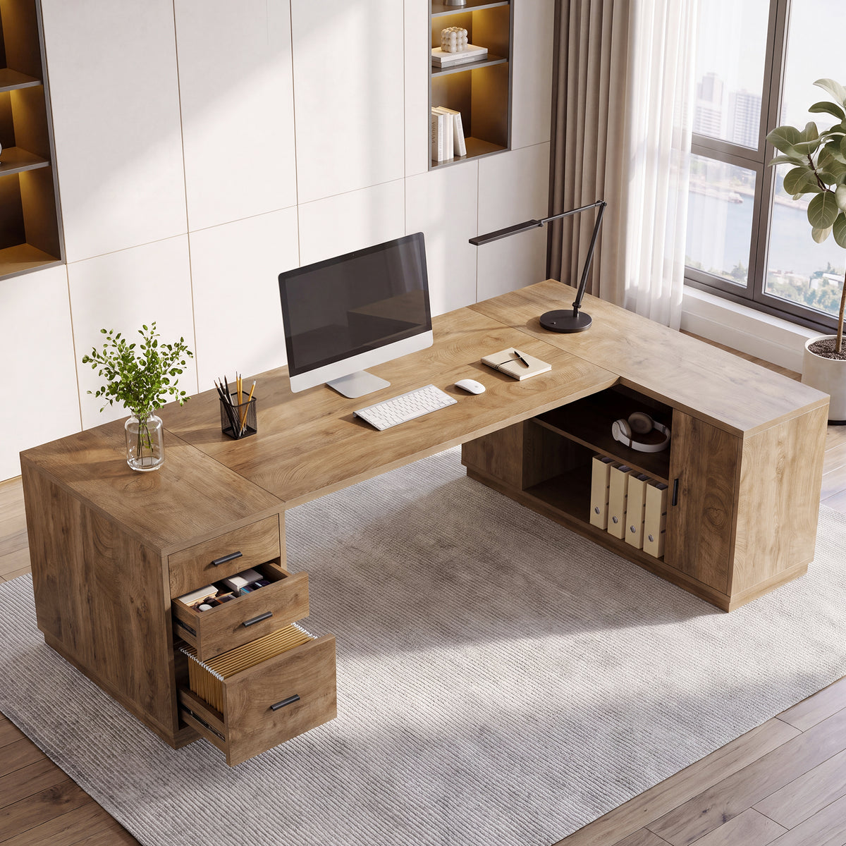 79" L-Shaped Executive Desk, Drawers & Storage Cabinets, Extra Large Corner Desk